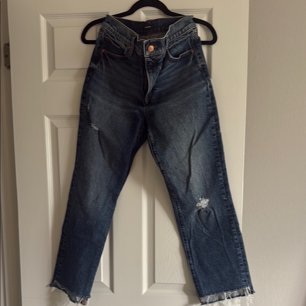 Express Blue Straight Leg Jeans with Distressed Details